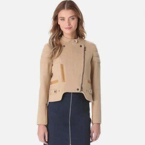 CARVEN SHAPED MOTO JACKET $1,190 Tan Beige Cotton Cropped Motorcycle Biker Coat